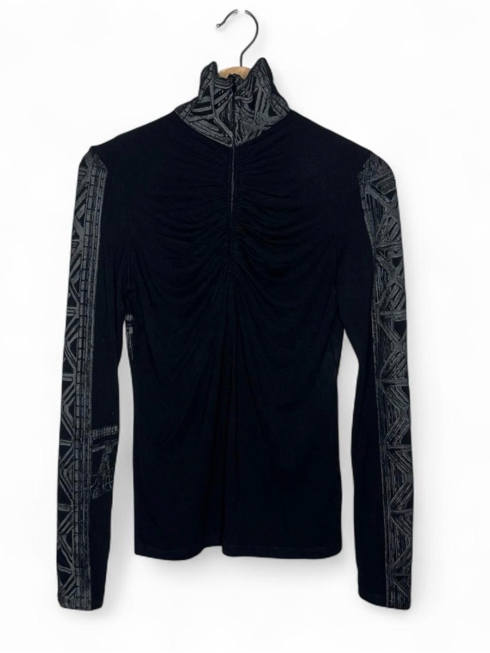 Isabel de Pedro Black Architectural Print Mock Neck Half Zip Ruched Top Y2K Euro
